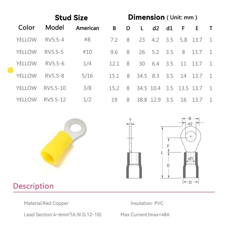 HK-S 60PCS Insulated Ring Terminal 5/16" Yellow 12-10 AWG - M8 - Tinned Red Copper - Electrical Wire Connector Kit Crimp PVC - Image 3